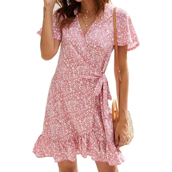Naggoo Dresses & Skirts - Naggoo Women's Summer Wrap V Neck Polka Dot Print Ruffle Short Sleeve Mini Dress